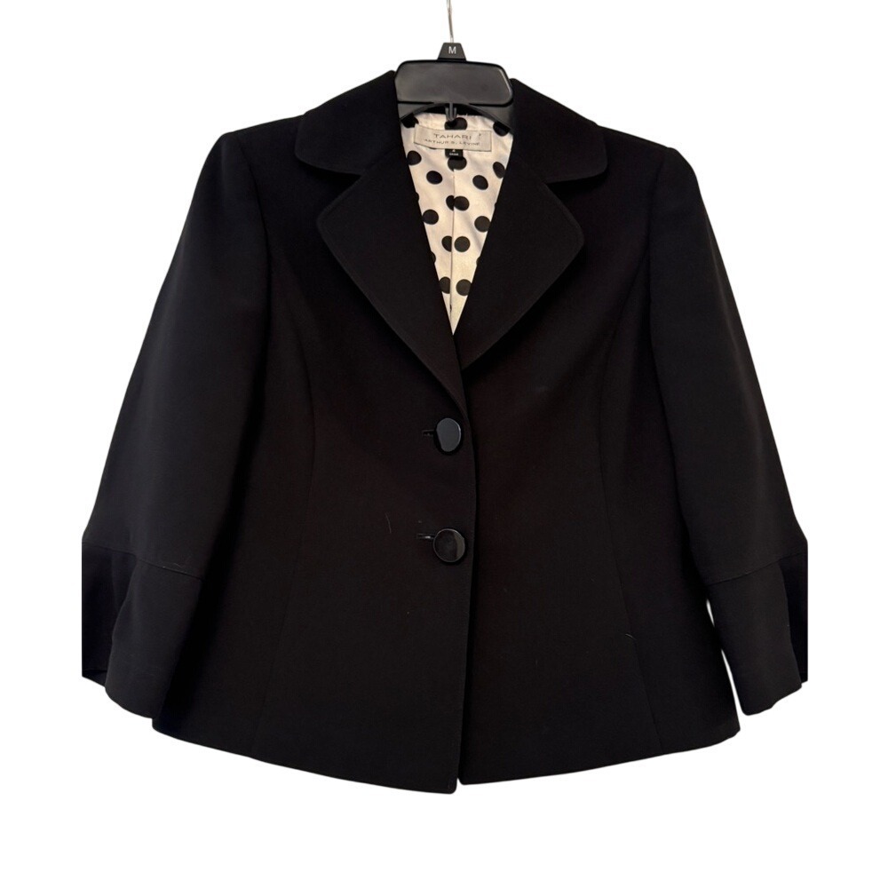 Tahari Arthur S Levine Black Ruffle Cuff Blazer Polka‎ Dot Lining Size 4